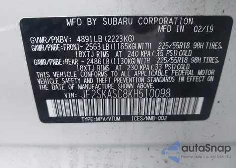 2019 Subaru Forester Limited from USA, damaged, VIN JF2SKASC8KH510098